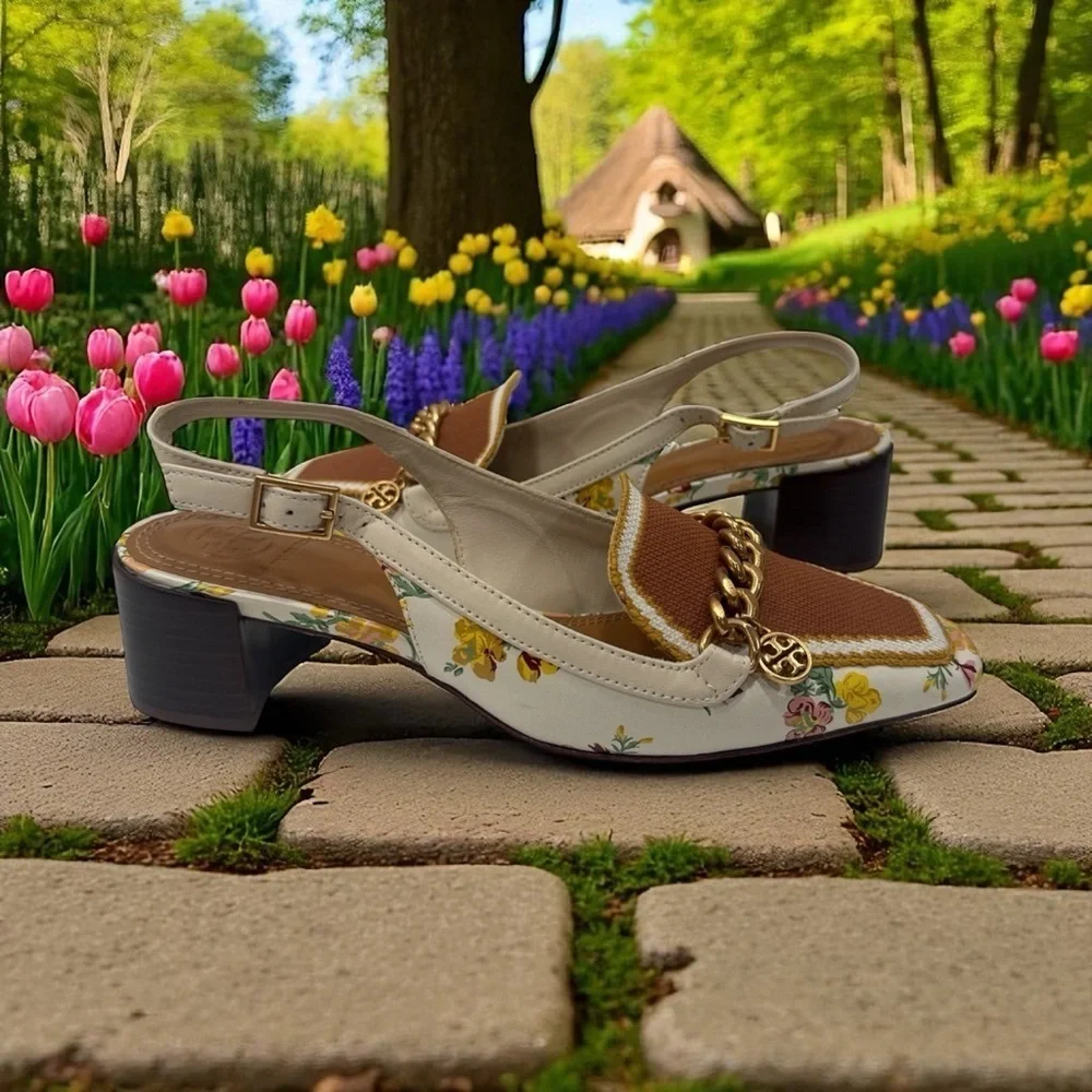 Tory Burch Mini Benton Charm Floral Chain-Embellished Slingback Heels size 6 M